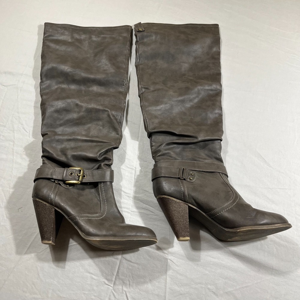 Aldo Shinkle Grey Faux Leather Knee High Slouch Boots Women's Size 41 Heel Pull